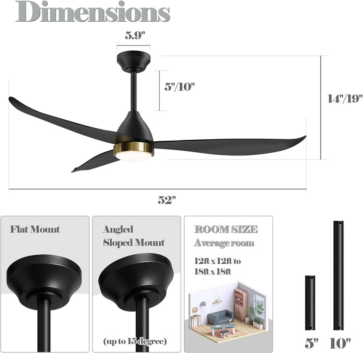 52 in. Black Ceiling Fan with Remote, Modern Brass Ceiling Fan, Reversible Ceiling Fan for Bedroom Living Room, Ceiling Fan Outdoor Fan for Patio-6-ErisView
