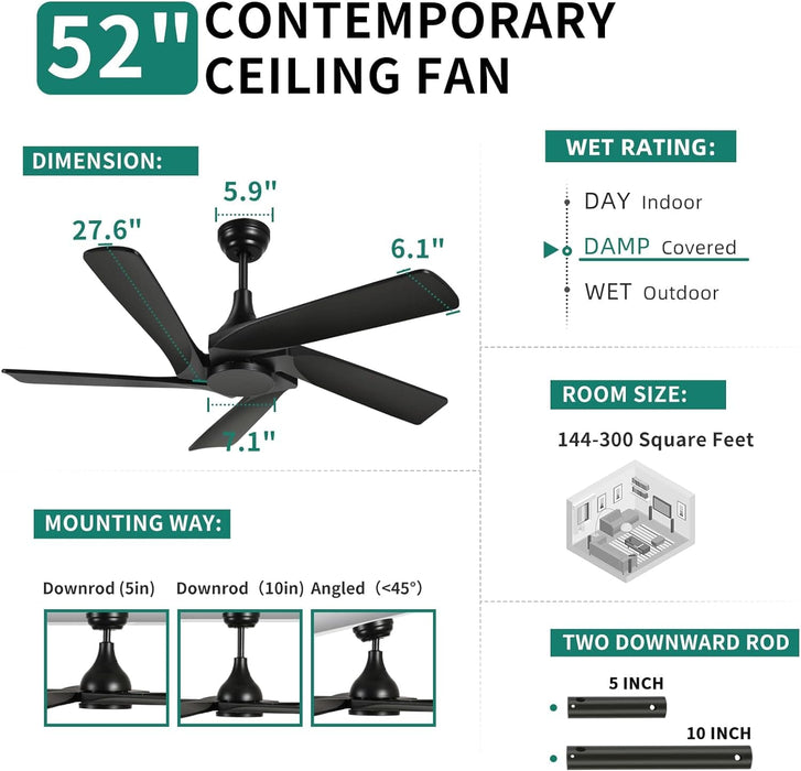 52 in. Black Ceiling Fans without Lights, Wood Modern Ceiling Fan with Remote, Popular Ceiling Fans for Indoor Outdoor Use-4-ErisView