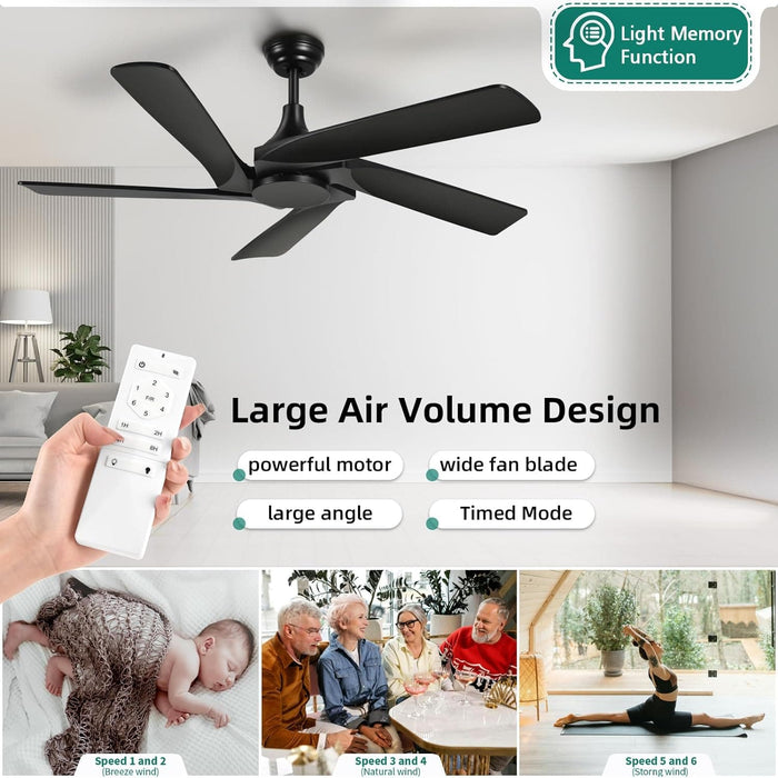52 in. Black Ceiling Fans without Lights, Wood Modern Ceiling Fan with Remote, Popular Ceiling Fans for Indoor Outdoor Use-5-ErisView
