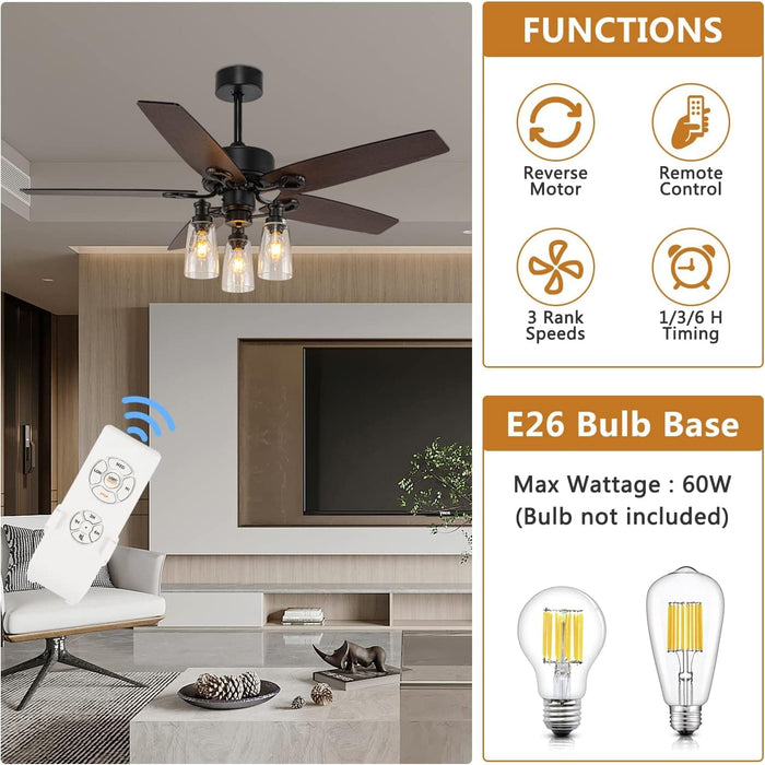 52 in. Black Farmhouse Ceiling Fan with Lights Remote, Rustic Chandelier Ceiling Fan, Industrial Ceiling Fans Light Fixture for Living Room Bedroom-4-ErisView