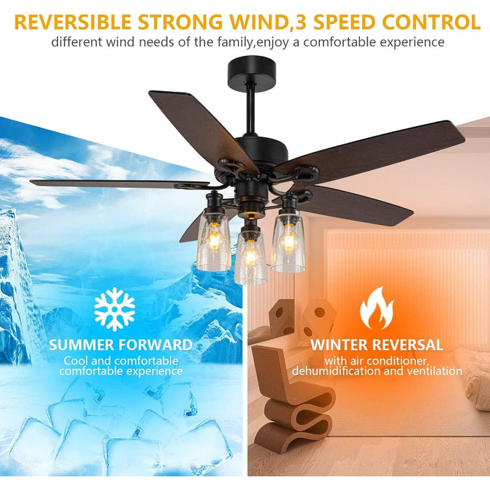 52 in. Black Farmhouse Ceiling Fan with Lights Remote, Rustic Chandelier Ceiling Fan, Industrial Ceiling Fans Light Fixture for Living Room Bedroom-5-ErisView