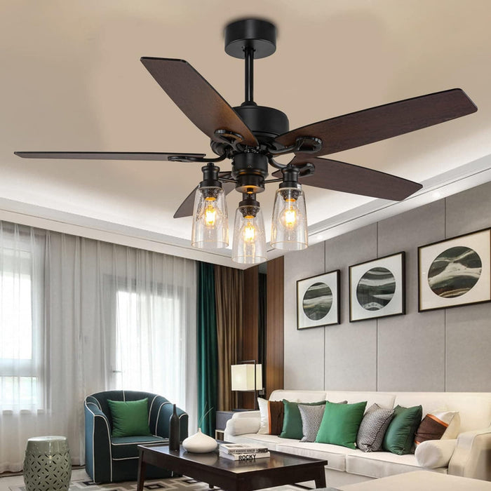 52 in. Black Farmhouse Ceiling Fan with Lights Remote, Rustic Chandelier Ceiling Fan, Industrial Ceiling Fans Light Fixture for Living Room Bedroom-8-ErisView