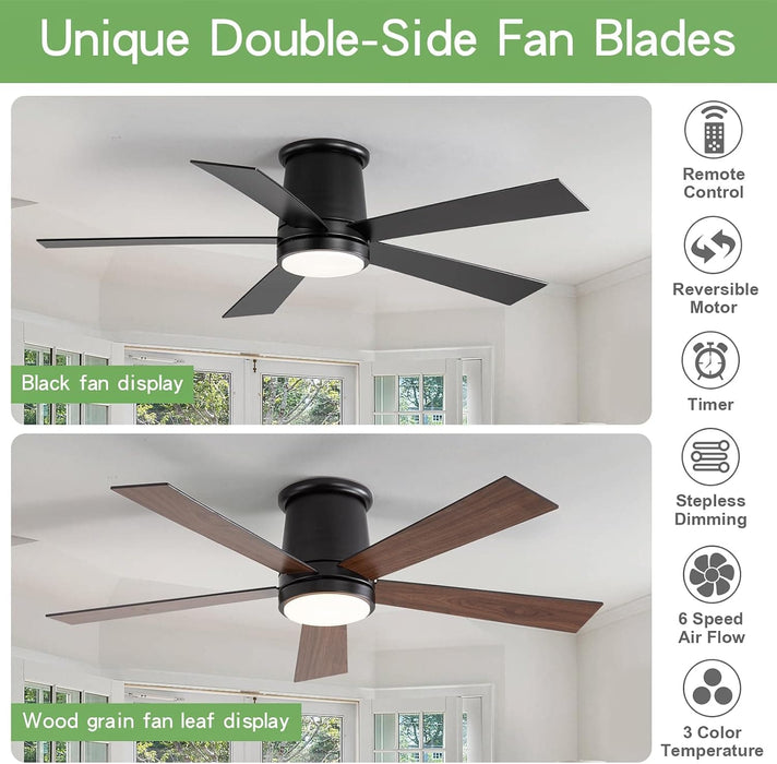 52 in. Black Flush Mount Ceiling Fan with Light, Dimmable Silent Reversible Fan in Winter Summer with Timer for Courtyard Porch Garage-2-ErisView