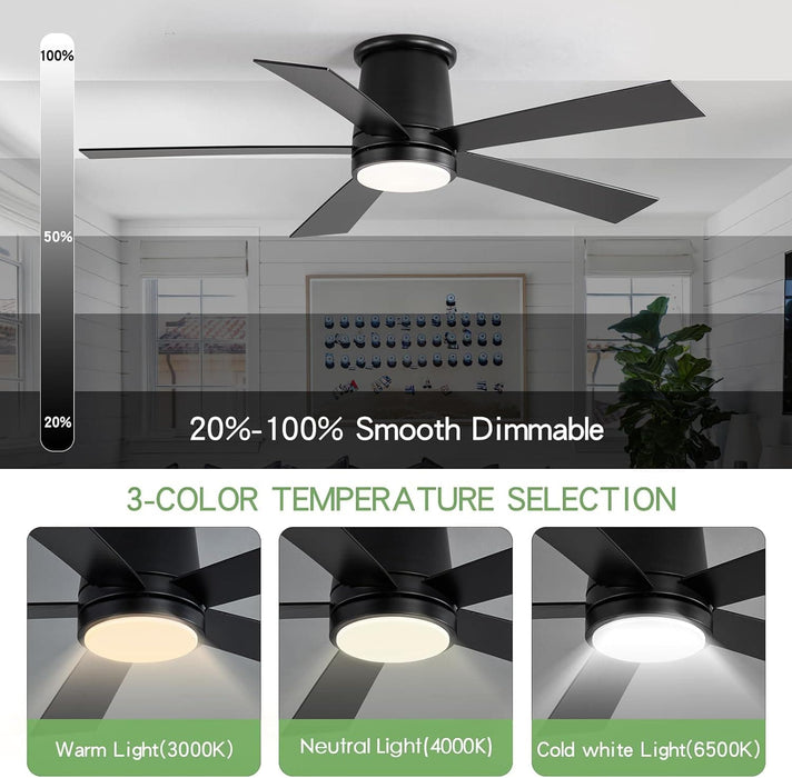 52 in. Black Flush Mount Ceiling Fan with Light, Dimmable Silent Reversible Fan in Winter Summer with Timer for Courtyard Porch Garage-3-ErisView