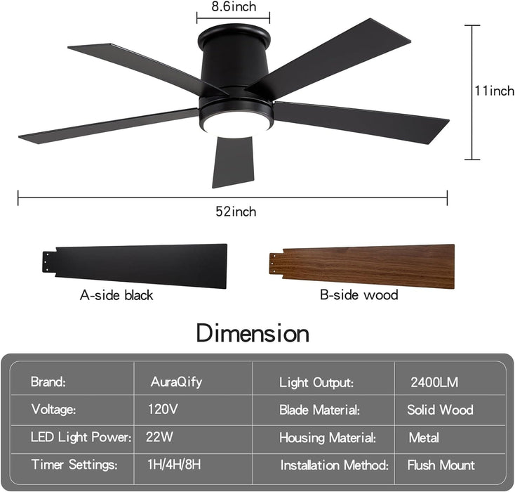 52 in. Black Flush Mount Ceiling Fan with Light, Dimmable Silent Reversible Fan in Winter Summer with Timer for Courtyard Porch Garage-6-ErisView