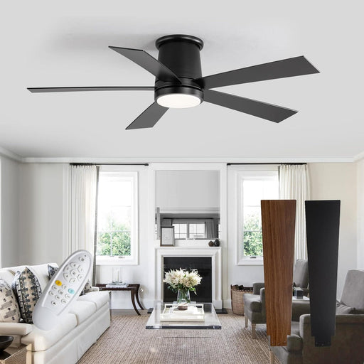 52 in. Black Flush Mount Ceiling Fan with Light, Dimmable Silent Reversible Fan in Winter Summer with Timer for Courtyard Porch Garage-1-ErisView