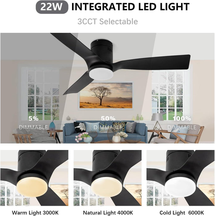 52 in. Black Flush Mount Ceiling Fan with Remote, Dimmable Reversible Low Profile Ceiling Fan for Bedroom Kitchen Living Room, Outdoor Fan for Patio-3-ErisView