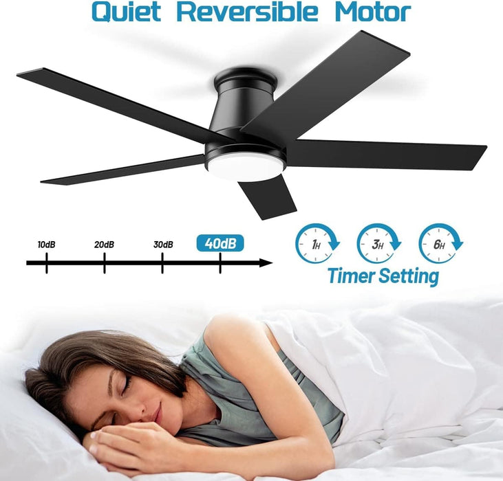 52 in. Black Flush Mount Low Profile Ceiling Fan, Reversible Ceiling Fan Summer Winter, Outdoor Ceiling Fan for Patio Porch Garage Shop Factory Warehouse-4-ErisView
