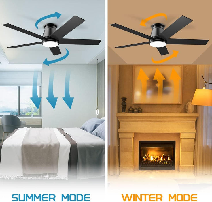 52 in. Black Flush Mount Low Profile Ceiling Fan, Reversible Ceiling Fan Summer Winter, Outdoor Ceiling Fan for Patio Porch Garage Shop Factory Warehouse-5-ErisView