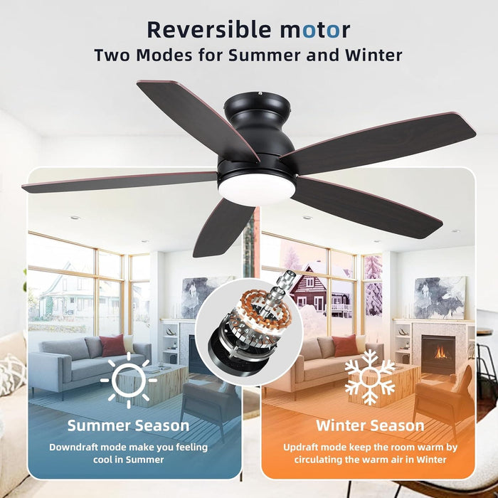 52 in. Black Flush Mount Low Profile Ceiling Fan with Lights and Remote, LED Dimmable Reversible Modern Ceiling Fan for Living Room Bedroom Dining Room-2-ErisView