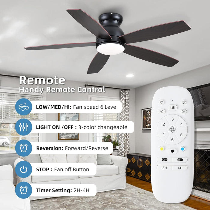 52 in. Black Flush Mount Low Profile Ceiling Fan with Lights and Remote, LED Dimmable Reversible Modern Ceiling Fan for Living Room Bedroom Dining Room-4-ErisView