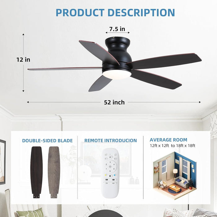 52 in. Black Flush Mount Low Profile Ceiling Fan with Lights and Remote, LED Dimmable Reversible Modern Ceiling Fan for Living Room Bedroom Dining Room-8-ErisView