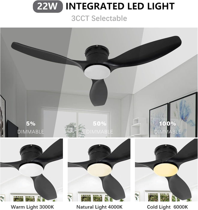 52 in. Black Flush Mount Outdoor Ceiling Fan with Remote, LED Dimmable Reversible DC Ceiling Fan, Outdoor Indoor Ceiling Fan for Kitchen Bedroom Patio-2-ErisView