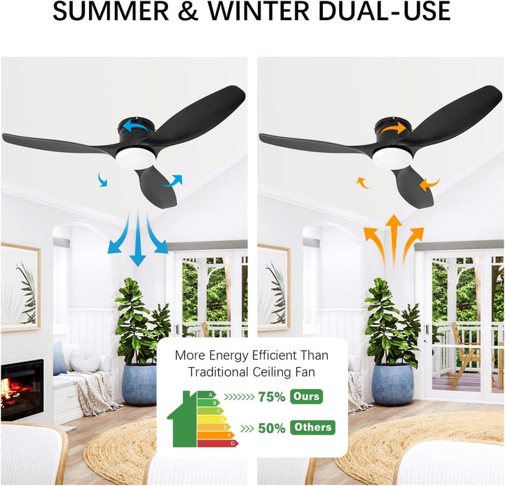 52 in. Black Flush Mount Outdoor Ceiling Fan with Remote, LED Dimmable Reversible DC Ceiling Fan, Outdoor Indoor Ceiling Fan for Kitchen Bedroom Patio-3-ErisView