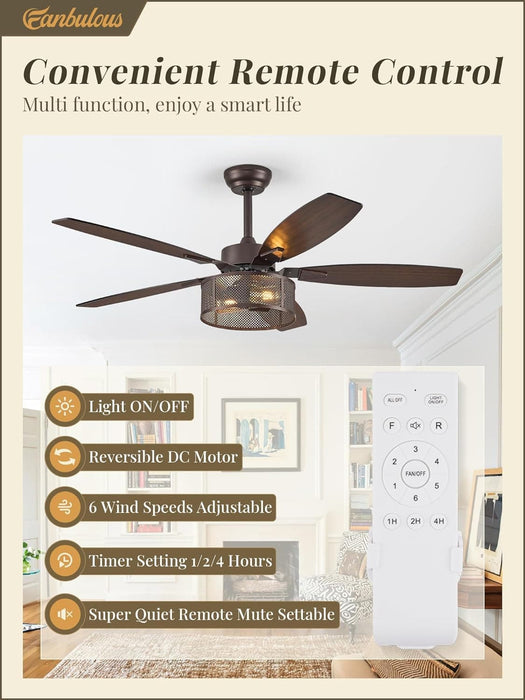 52 in. Black Industrial Caged Ceiling Fan for Bedroom Living Room Kitchen, 5 Blade Farmhouse Ceiling Fan with Lights Remote, Reversible Quiet Ceiling Fans-10-ErisView