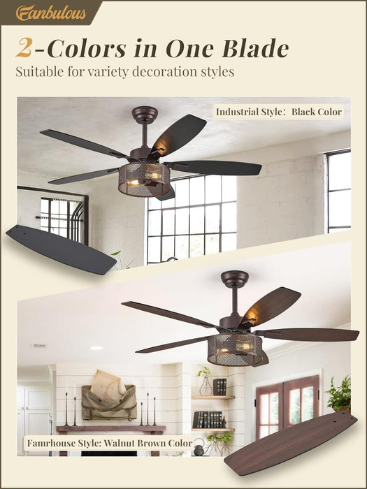 52 in. Black Industrial Caged Ceiling Fan for Bedroom Living Room Kitchen, 5 Blade Farmhouse Ceiling Fan with Lights Remote, Reversible Quiet Ceiling Fans-11-ErisView