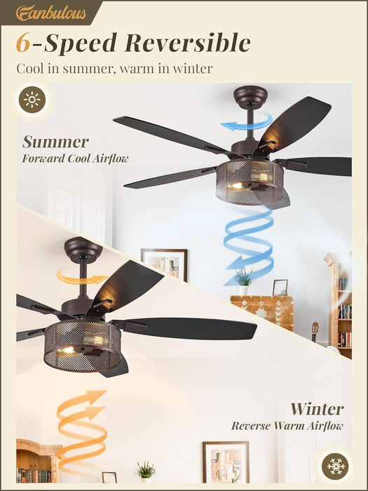 52 in. Black Industrial Caged Ceiling Fan for Bedroom Living Room Kitchen, 5 Blade Farmhouse Ceiling Fan with Lights Remote, Reversible Quiet Ceiling Fans-12-ErisView