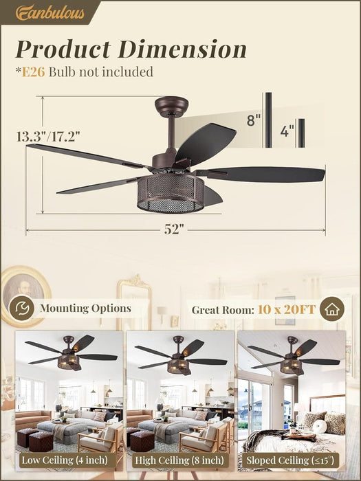 52 in. Black Industrial Caged Ceiling Fan for Bedroom Living Room Kitchen, 5 Blade Farmhouse Ceiling Fan with Lights Remote, Reversible Quiet Ceiling Fans-14-ErisView
