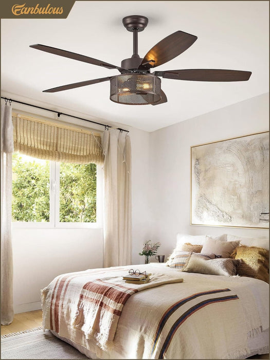 52 in. Black Industrial Caged Ceiling Fan for Bedroom Living Room Kitchen, 5 Blade Farmhouse Ceiling Fan with Lights Remote, Reversible Quiet Ceiling Fans-15-ErisView