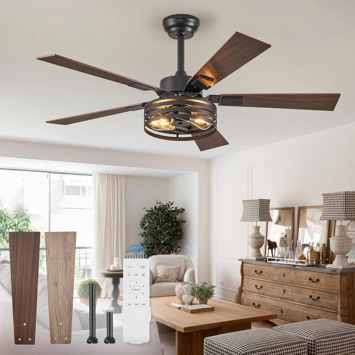 52 in. Black Industrial Caged Ceiling Fan for Bedroom Living Room Kitchen, 5 Blade Farmhouse Ceiling Fan with Lights Remote, Reversible Quiet Ceiling Fans-16-ErisView