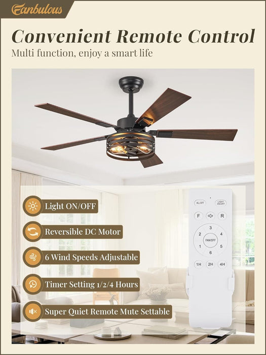 52 in. Black Industrial Caged Ceiling Fan for Bedroom Living Room Kitchen, 5 Blade Farmhouse Ceiling Fan with Lights Remote, Reversible Quiet Ceiling Fans-17-ErisView