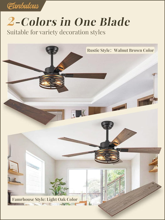 52 in. Black Industrial Caged Ceiling Fan for Bedroom Living Room Kitchen, 5 Blade Farmhouse Ceiling Fan with Lights Remote, Reversible Quiet Ceiling Fans-18-ErisView