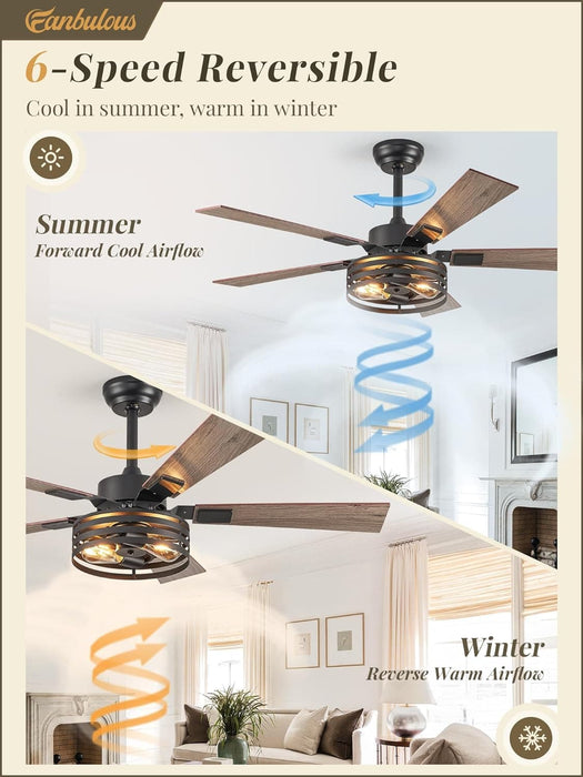 52 in. Black Industrial Caged Ceiling Fan for Bedroom Living Room Kitchen, 5 Blade Farmhouse Ceiling Fan with Lights Remote, Reversible Quiet Ceiling Fans-19-ErisView