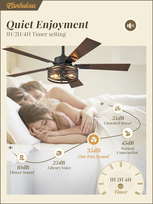 52 in. Black Industrial Caged Ceiling Fan for Bedroom Living Room Kitchen, 5 Blade Farmhouse Ceiling Fan with Lights Remote, Reversible Quiet Ceiling Fans-20-ErisView