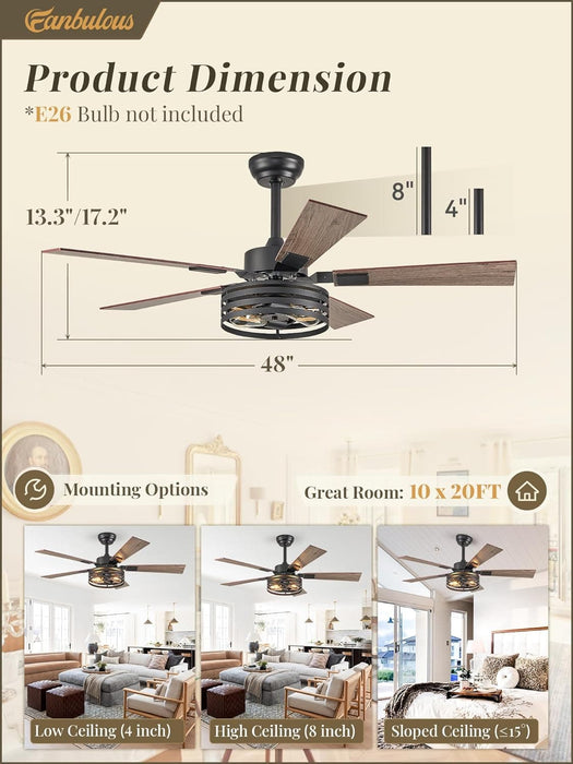 52 in. Black Industrial Caged Ceiling Fan for Bedroom Living Room Kitchen, 5 Blade Farmhouse Ceiling Fan with Lights Remote, Reversible Quiet Ceiling Fans-21-ErisView