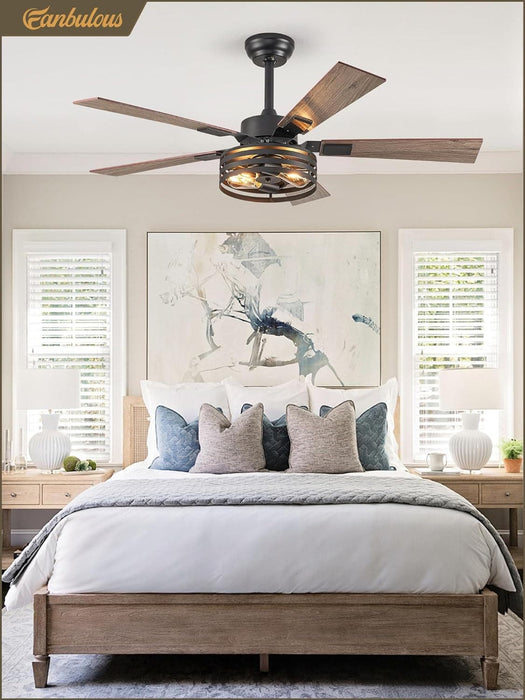 52 in. Black Industrial Caged Ceiling Fan for Bedroom Living Room Kitchen, 5 Blade Farmhouse Ceiling Fan with Lights Remote, Reversible Quiet Ceiling Fans-22-ErisView