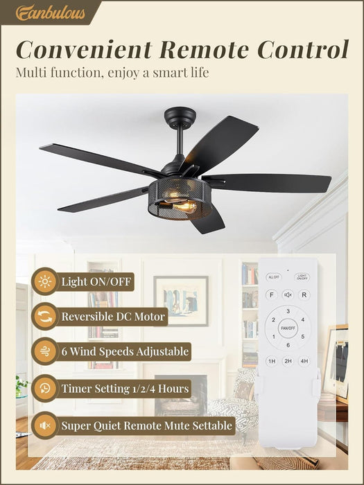 52 in. Black Industrial Caged Ceiling Fan for Bedroom Living Room Kitchen, 5 Blade Farmhouse Ceiling Fan with Lights Remote, Reversible Quiet Ceiling Fans-2-ErisView