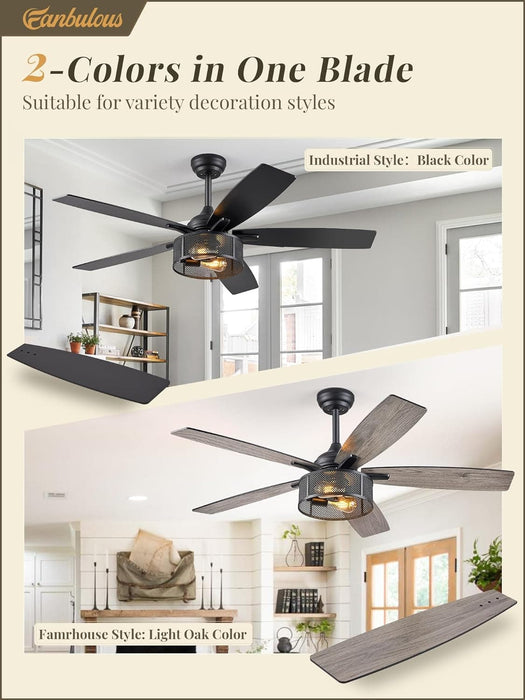 52 in. Black Industrial Caged Ceiling Fan for Bedroom Living Room Kitchen, 5 Blade Farmhouse Ceiling Fan with Lights Remote, Reversible Quiet Ceiling Fans-3-ErisView