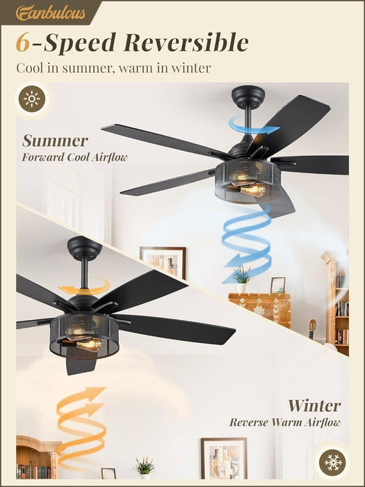52 in. Black Industrial Caged Ceiling Fan for Bedroom Living Room Kitchen, 5 Blade Farmhouse Ceiling Fan with Lights Remote, Reversible Quiet Ceiling Fans-4-ErisView