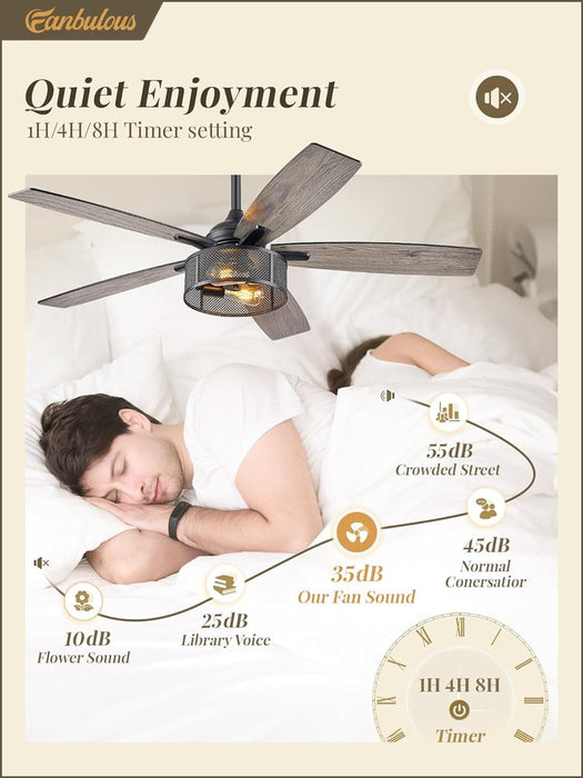52 in. Black Industrial Caged Ceiling Fan for Bedroom Living Room Kitchen, 5 Blade Farmhouse Ceiling Fan with Lights Remote, Reversible Quiet Ceiling Fans-5-ErisView