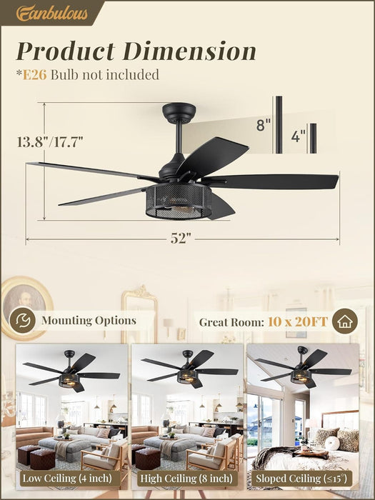 52 in. Black Industrial Caged Ceiling Fan for Bedroom Living Room Kitchen, 5 Blade Farmhouse Ceiling Fan with Lights Remote, Reversible Quiet Ceiling Fans-6-ErisView