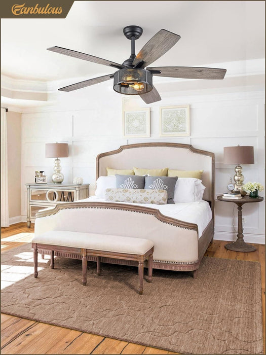 52 in. Black Industrial Caged Ceiling Fan for Bedroom Living Room Kitchen, 5 Blade Farmhouse Ceiling Fan with Lights Remote, Reversible Quiet Ceiling Fans-7-ErisView