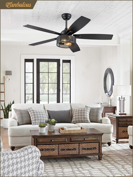 52 in. Black Industrial Caged Ceiling Fan for Bedroom Living Room Kitchen, 5 Blade Farmhouse Ceiling Fan with Lights Remote, Reversible Quiet Ceiling Fans-8-ErisView