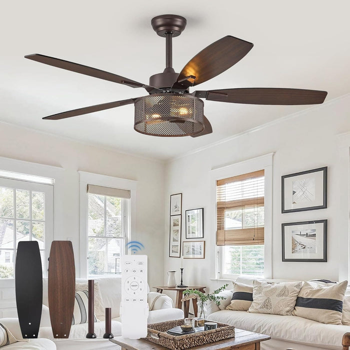 52 in. Black Industrial Caged Ceiling Fan for Bedroom Living Room Kitchen, 5 Blade Farmhouse Ceiling Fan with Lights Remote, Reversible Quiet Ceiling Fans-9-ErisView