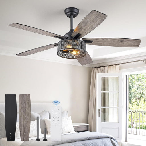 52 in. Black Industrial Caged Ceiling Fan for Bedroom Living Room Kitchen, 5 Blade Farmhouse Ceiling Fan with Lights Remote, Reversible Quiet Ceiling Fans-1-ErisView