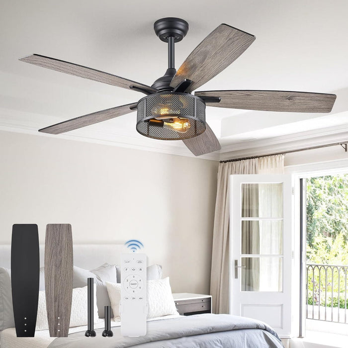 52 in. Black Industrial Caged Ceiling Fan for Bedroom Living Room Kitchen, 5 Blade Farmhouse Ceiling Fan with Lights Remote, Reversible Quiet Ceiling Fans-1-ErisView