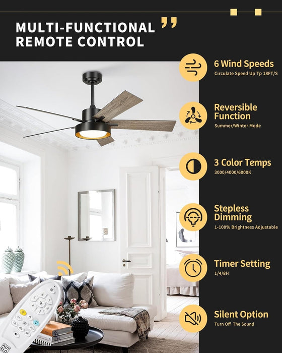 52 in. Black Industrial Remote Control Ceiling Fan and Light, LED Reversible Ceiling Fan, Wood Living Room Ceiling Fan-2-ErisView