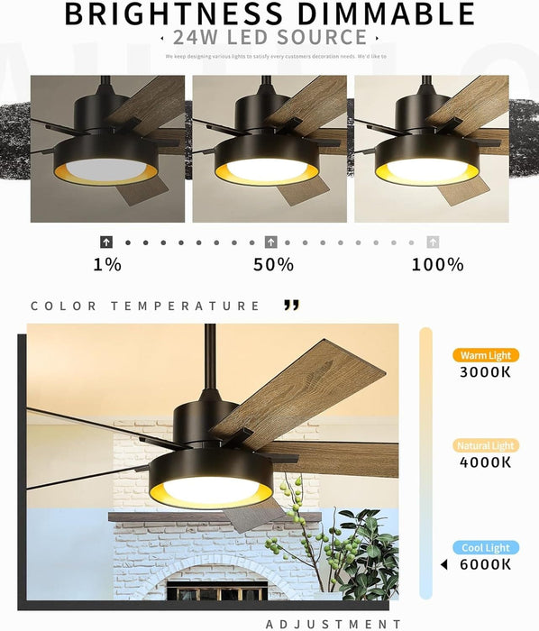 52 in. Black Industrial Remote Control Ceiling Fan and Light, LED Reversible Ceiling Fan, Wood Living Room Ceiling Fan-3-ErisView