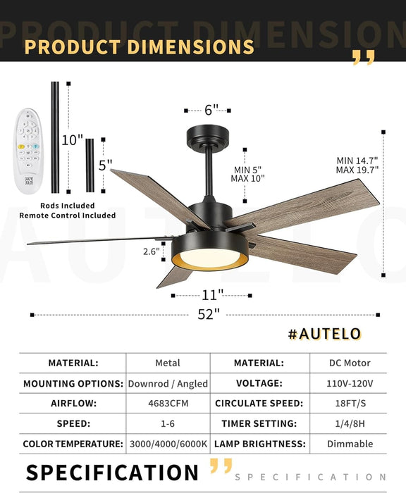 52 in. Black Industrial Remote Control Ceiling Fan and Light, LED Reversible Ceiling Fan, Wood Living Room Ceiling Fan-5-ErisView