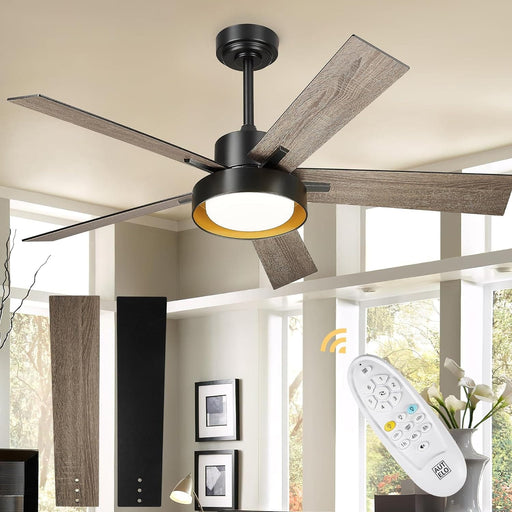 52 in. Black Industrial Remote Control Ceiling Fan and Light, LED Reversible Ceiling Fan, Wood Living Room Ceiling Fan-1-ErisView