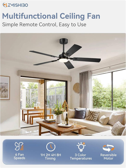 52 in. Black Modern Ceiling Fan, Farmhouse Indoor Outdoor Ceiling Fan with Light and Remote, Quiet Ceiling Fans with Bright LED Light-2-ErisView