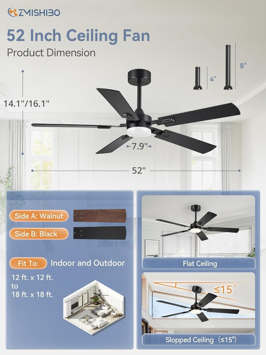 52 in. Black Modern Ceiling Fan, Farmhouse Indoor Outdoor Ceiling Fan with Light and Remote, Quiet Ceiling Fans with Bright LED Light-5-ErisView