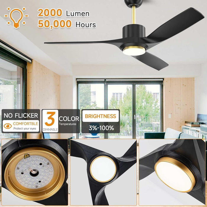 52 in. Black Modern Ceiling Fan with Dimmable LED Light, Farmhouse Wood Ceiling Fan with Light for Patio Gazebo, Simple Ceiling Fan-2-ErisView