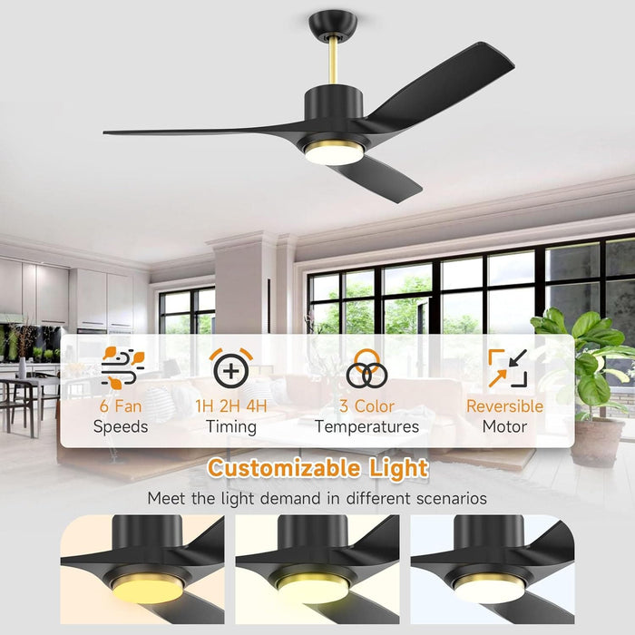 52 in. Black Modern Ceiling Fan with Dimmable LED Light, Farmhouse Wood Ceiling Fan with Light for Patio Gazebo, Simple Ceiling Fan-3-ErisView