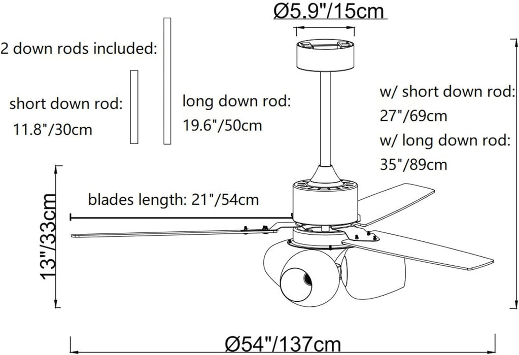 52 in. Black Modern Ceiling Fan with Light and Remote Control, 3 Blades Reversible Ceiling Fan-7-ErisView