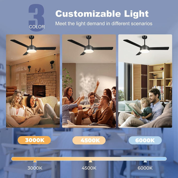 52 in. Black Outdoor Ceiling Fans with Light and Remote, Modern Indoor Outdoor Ceiling Fans, Reversible Quiet Ceiling Fans -5-ErisView